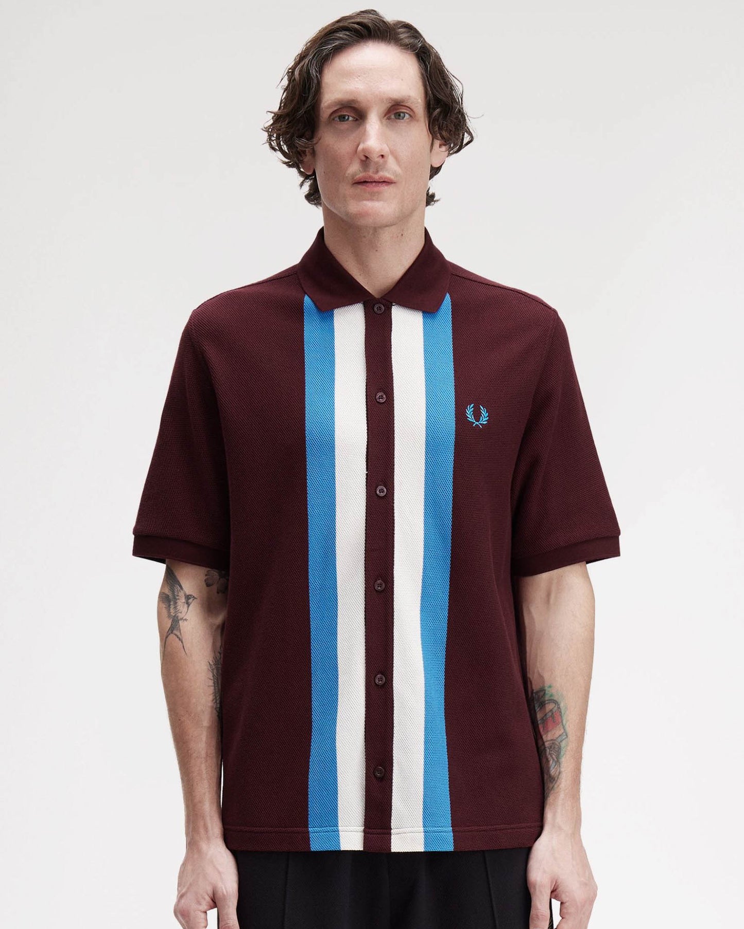 Fred Perry Mens Panelled Button Through Polo Shirt - Ox Blood/Ecru/Ecru 597