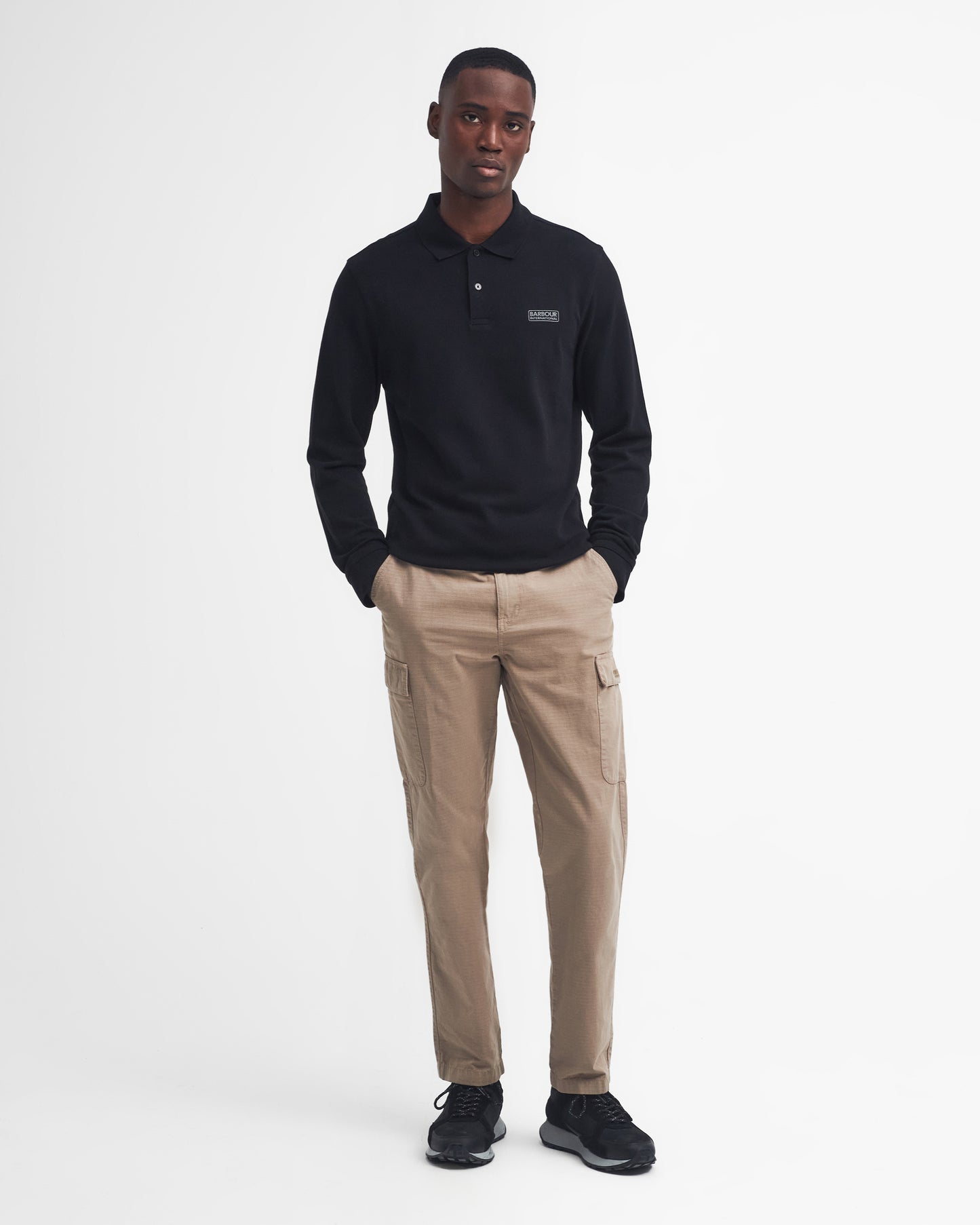Barbour International Essential Mens Long Sleeve Polo - Black/Pewter