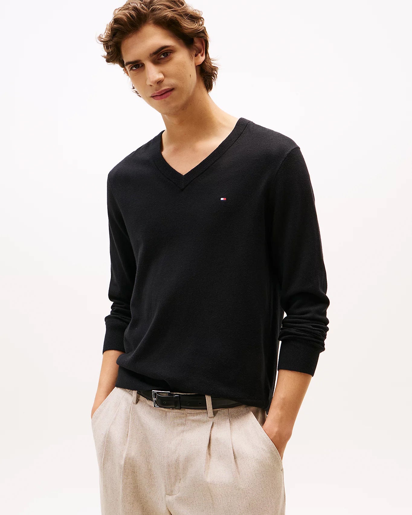 Tommy Hilfiger Pima Organic Cotton Mens Cashmere V-Neck Jumper - Black