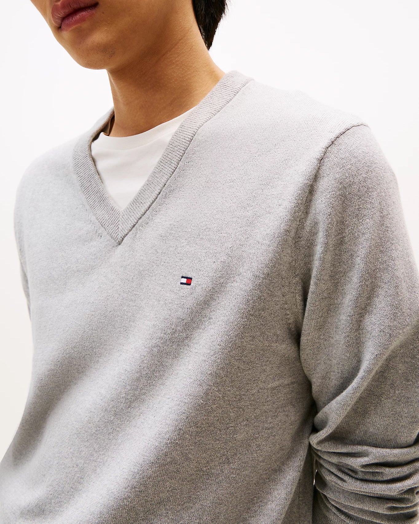 Tommy Hilfiger Pima Organic Cotton Mens Cashmere V-Neck Jumper - Light Grey Heather