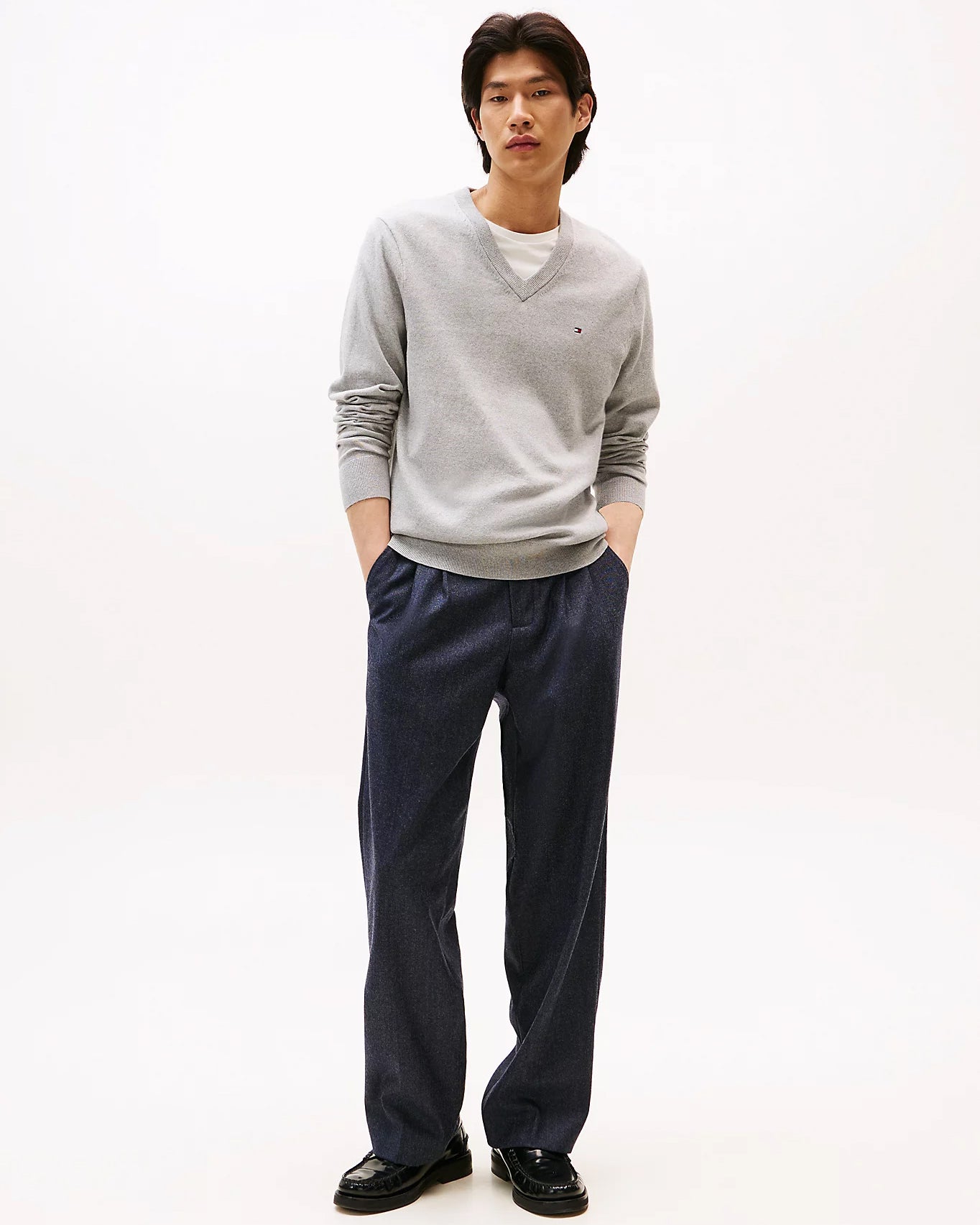 Tommy Hilfiger Pima Organic Cotton Mens Cashmere V-Neck Jumper - Light Grey Heather
