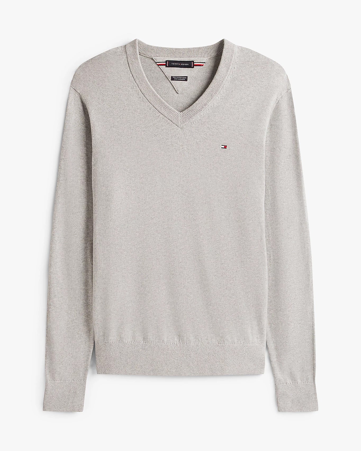Tommy Hilfiger Pima Organic Cotton Mens Cashmere V-Neck Jumper - Light Grey Heather