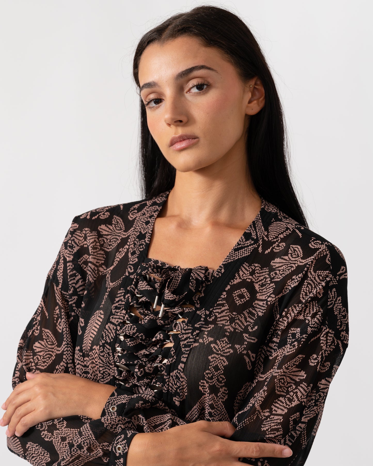 Maison Scotch Printed Sheer Lace Up Oversized Womens Dress