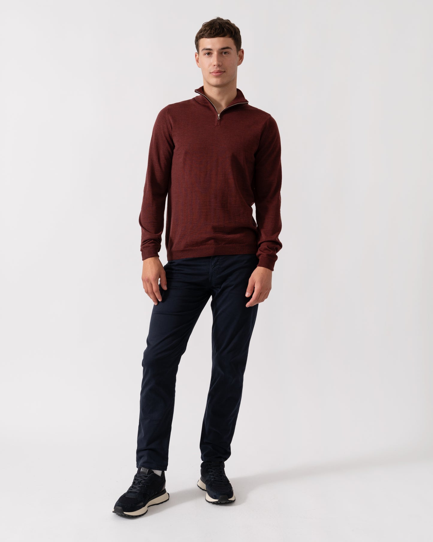 Oliver Sweeney Curragh Mens 1/4 Zip Funnel Neck Merino Wool Jumper - Mulberry Marl