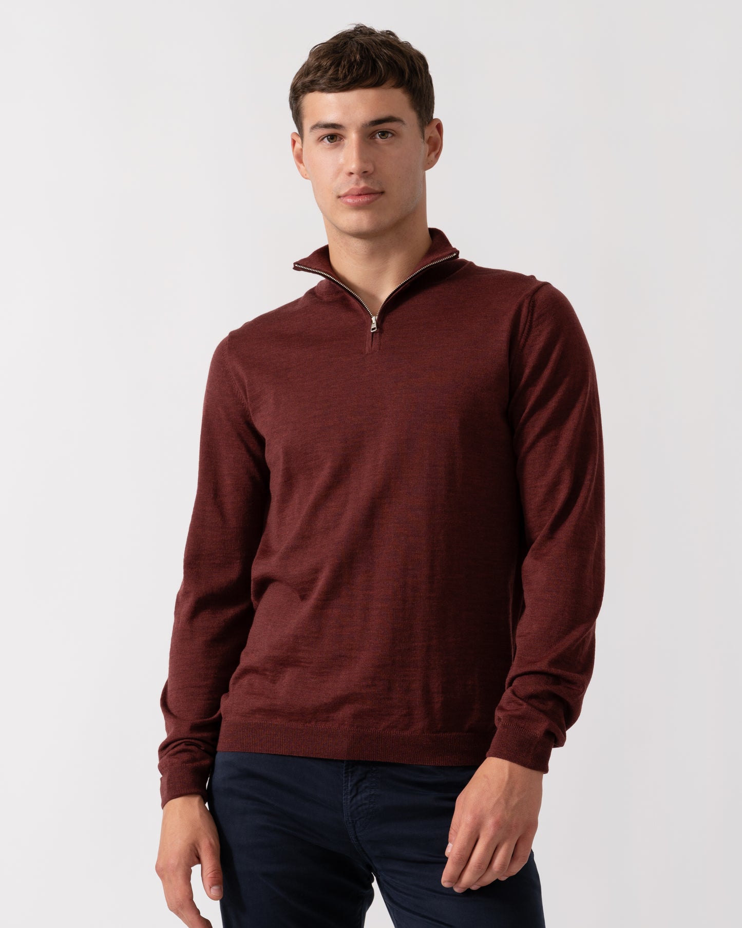 Oliver Sweeney Curragh Mens 1/4 Zip Funnel Neck Merino Wool Jumper - Mulberry Marl