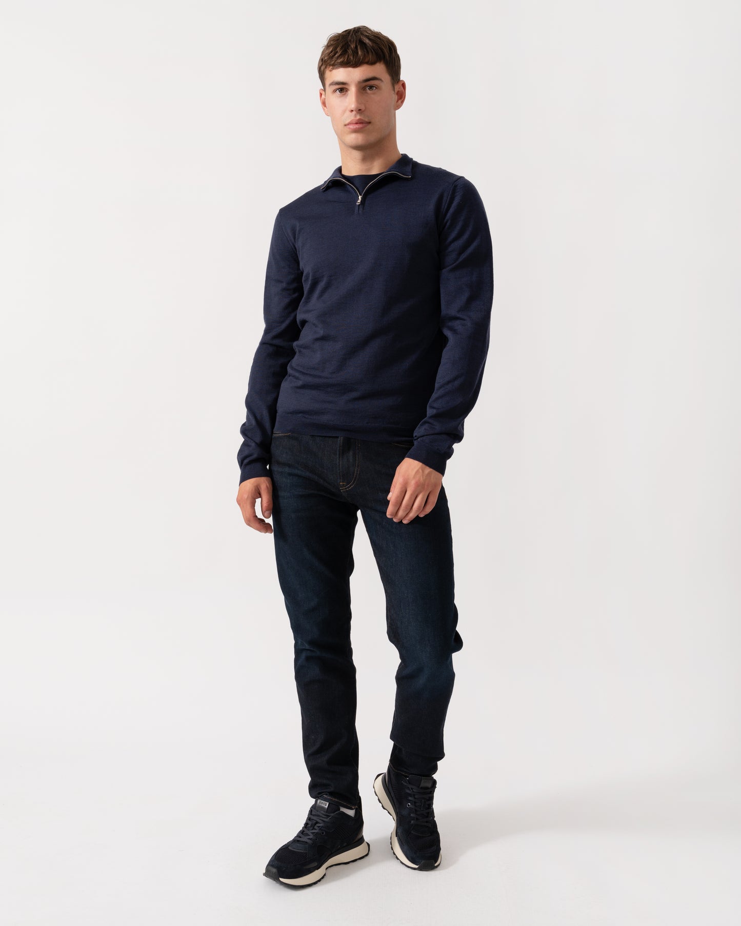 Oliver Sweeney Curragh Mens 1/4 Zip Funnel Neck Merino Wool Jumper - Navy Marl