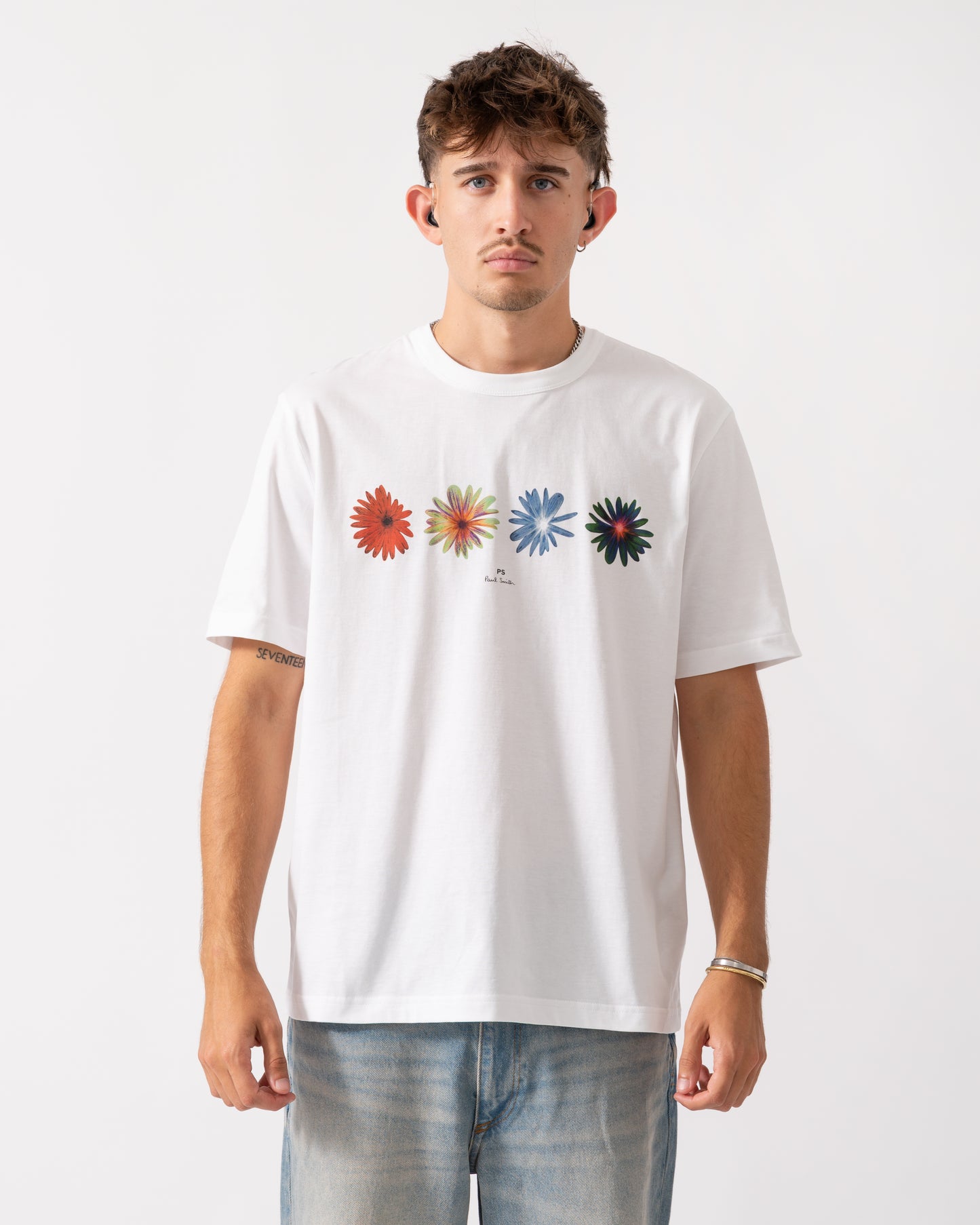 PS Paul Smith Mens Casual Fit Short Sleeve Flowers T-Shirt - 01 White