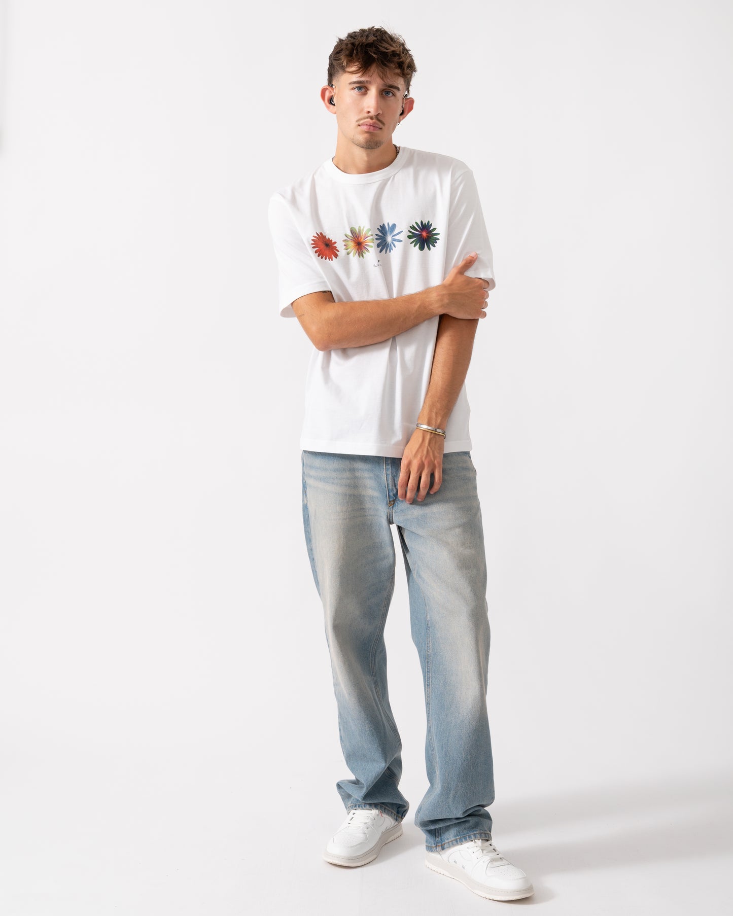 PS Paul Smith Mens Casual Fit Short Sleeve Flowers T-Shirt - 01 White