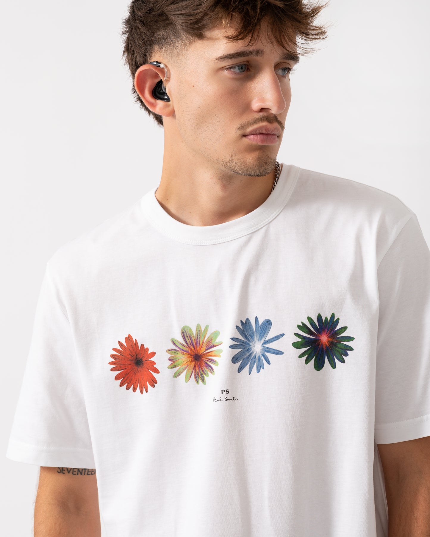 PS Paul Smith Mens Casual Fit Short Sleeve Flowers T-Shirt - 01 White