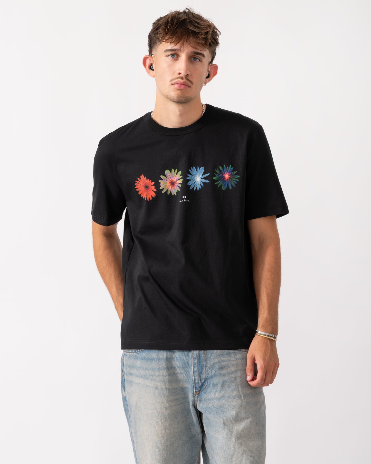 PS Paul Smith Mens Casual Fit Short Sleeve Flowers T-Shirt - 79 Black