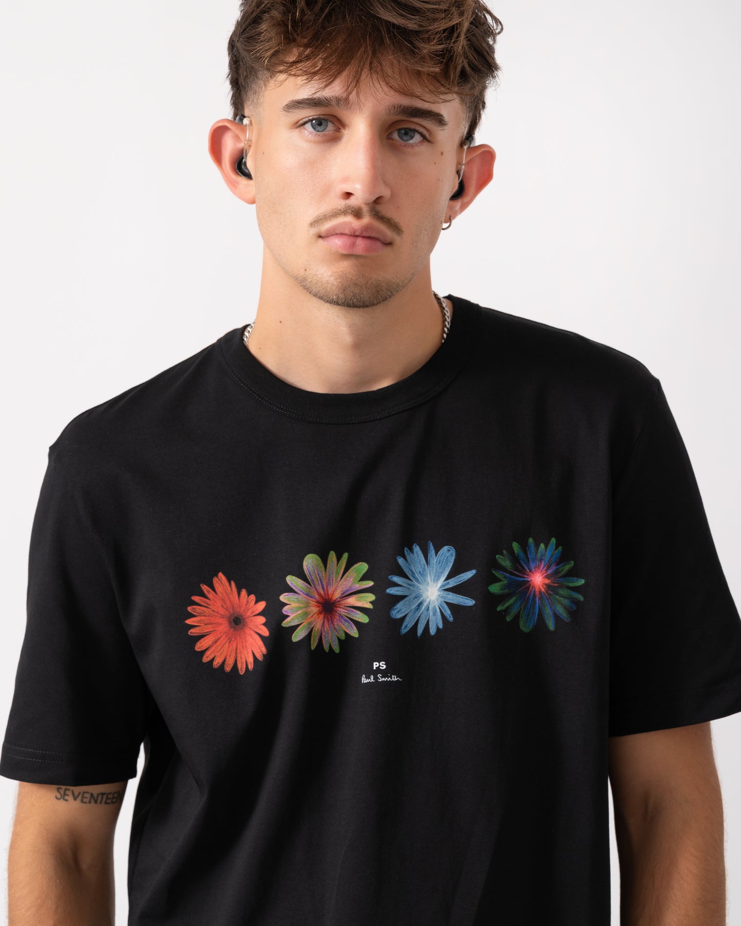 PS Paul Smith Mens Casual Fit Short Sleeve Flowers T-Shirt - 79 Black