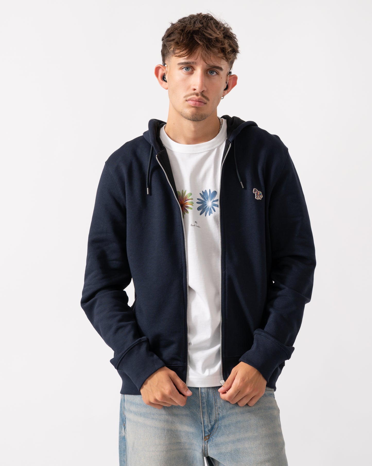 PS Paul Smith Mens Reg Fit Zip Hoodie with Zebra Logo - 49 Very Dark Navy