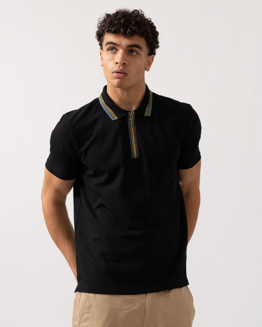 PS Paul Smith Mens Regular Fit Zip Polo with Stripe Tipping - 79 Black