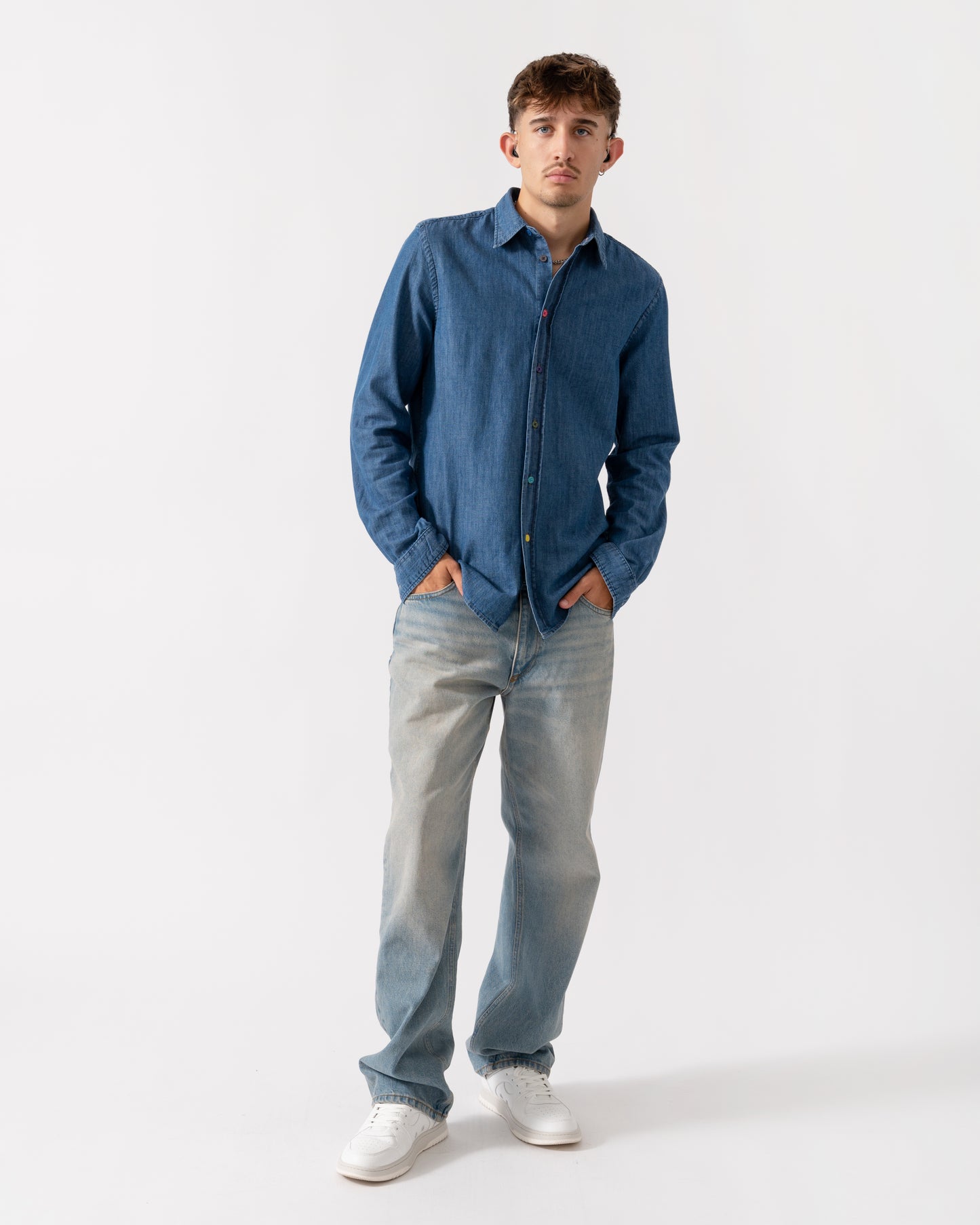 PS Paul Smith Mens Long Sleeve Tailored Fit Shirt with Signature Stripe Buttons - MD Medium Base