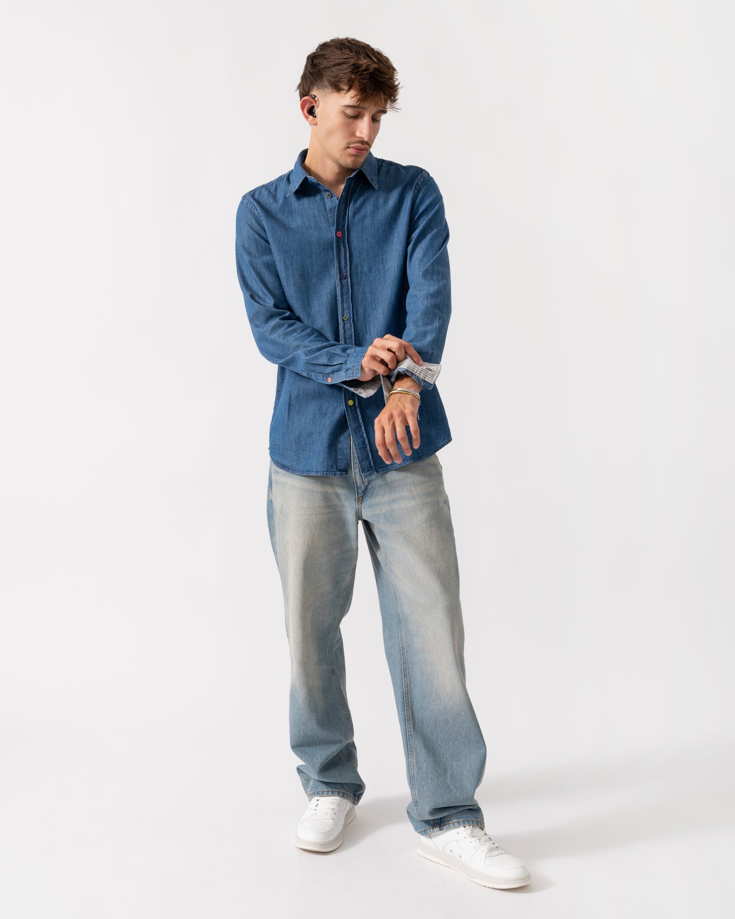 PS Paul Smith Mens Long Sleeve Tailored Fit Shirt with Signature Stripe Buttons - MD Medium Base