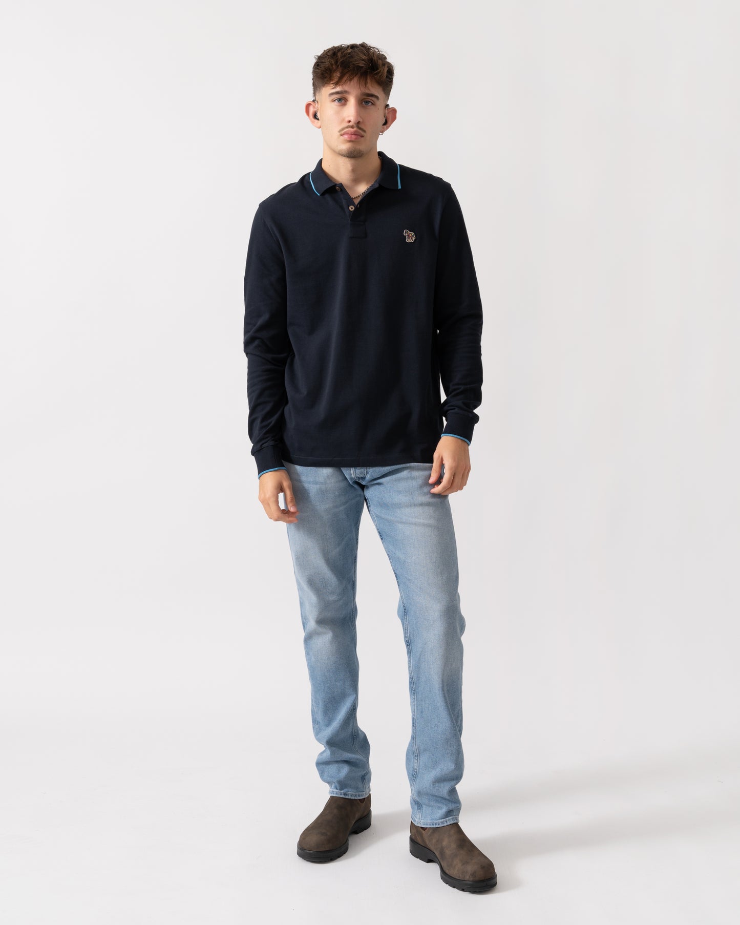 PS Paul Smith Mens Long Sleeve Zebra Badge Polo - 49 Very Dark Navy