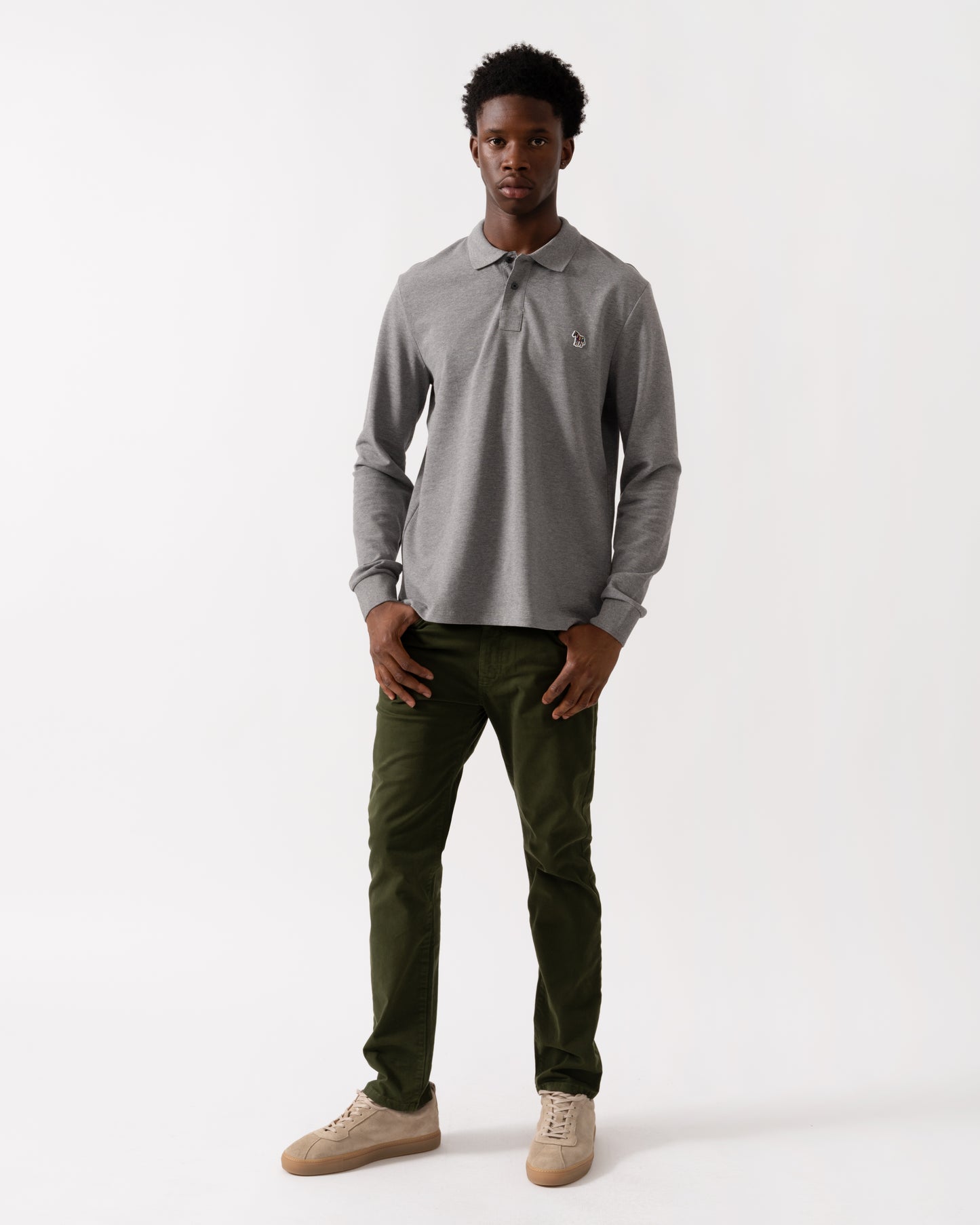 PS Paul Smith Mens Regular Fit Long Sleeve Classic Zebra Polo - 72 Grey Melange