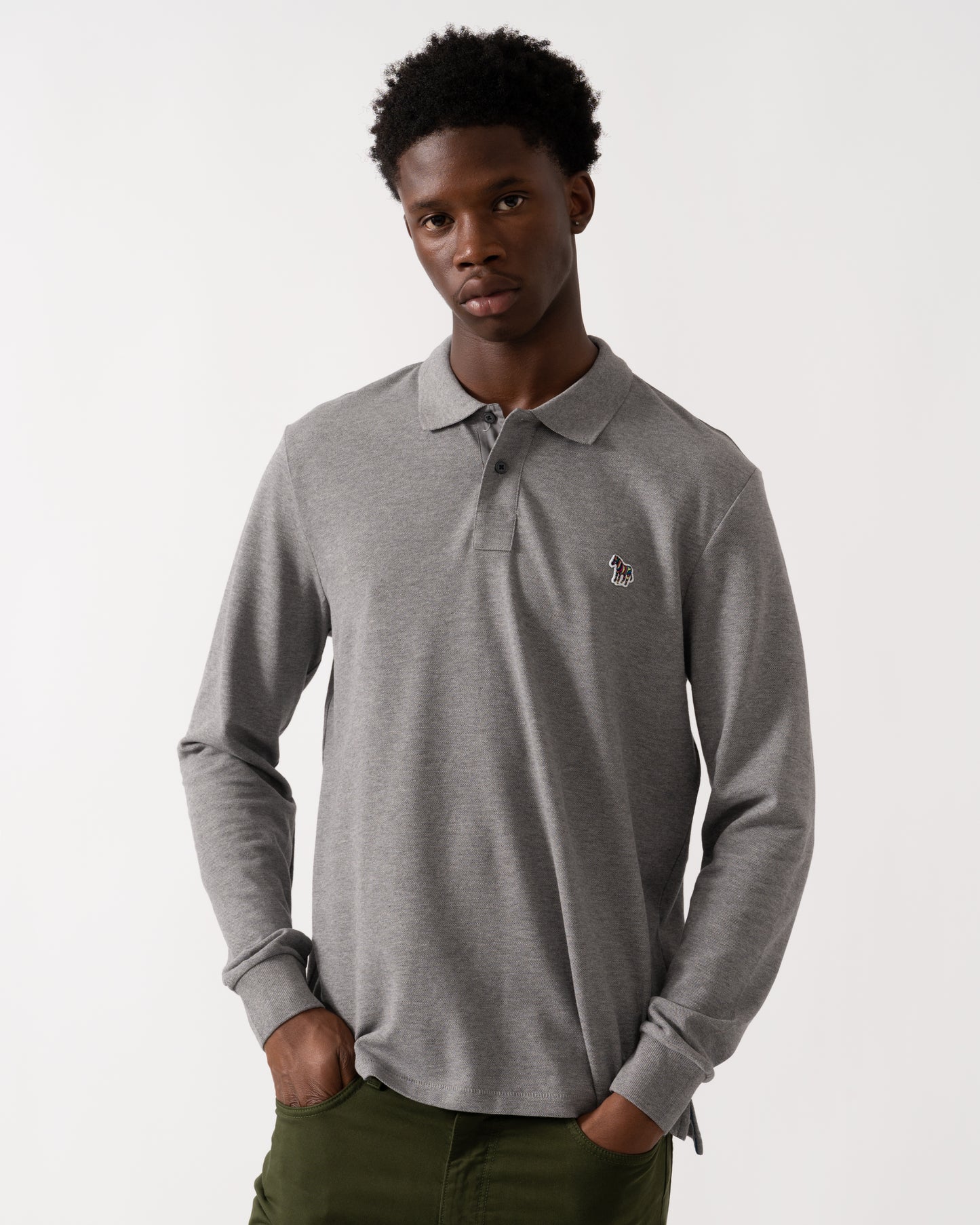 PS Paul Smith Mens Regular Fit Long Sleeve Classic Zebra Polo - 72 Grey Melange