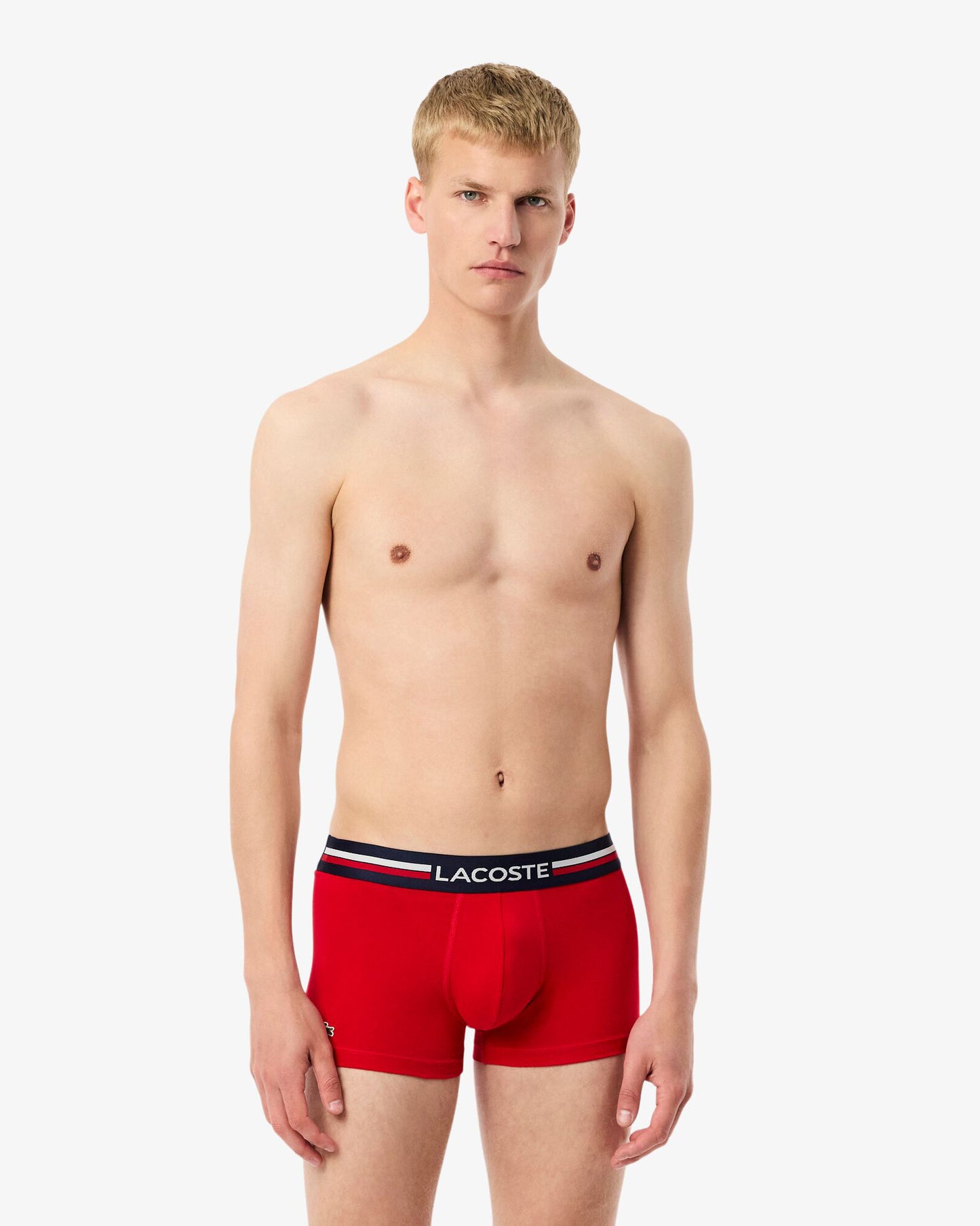 Lacoste 3-Pack Tricolour Waist Stretch Cotton Mens Trunks - Navy Blue/Silver Chine-Red W34