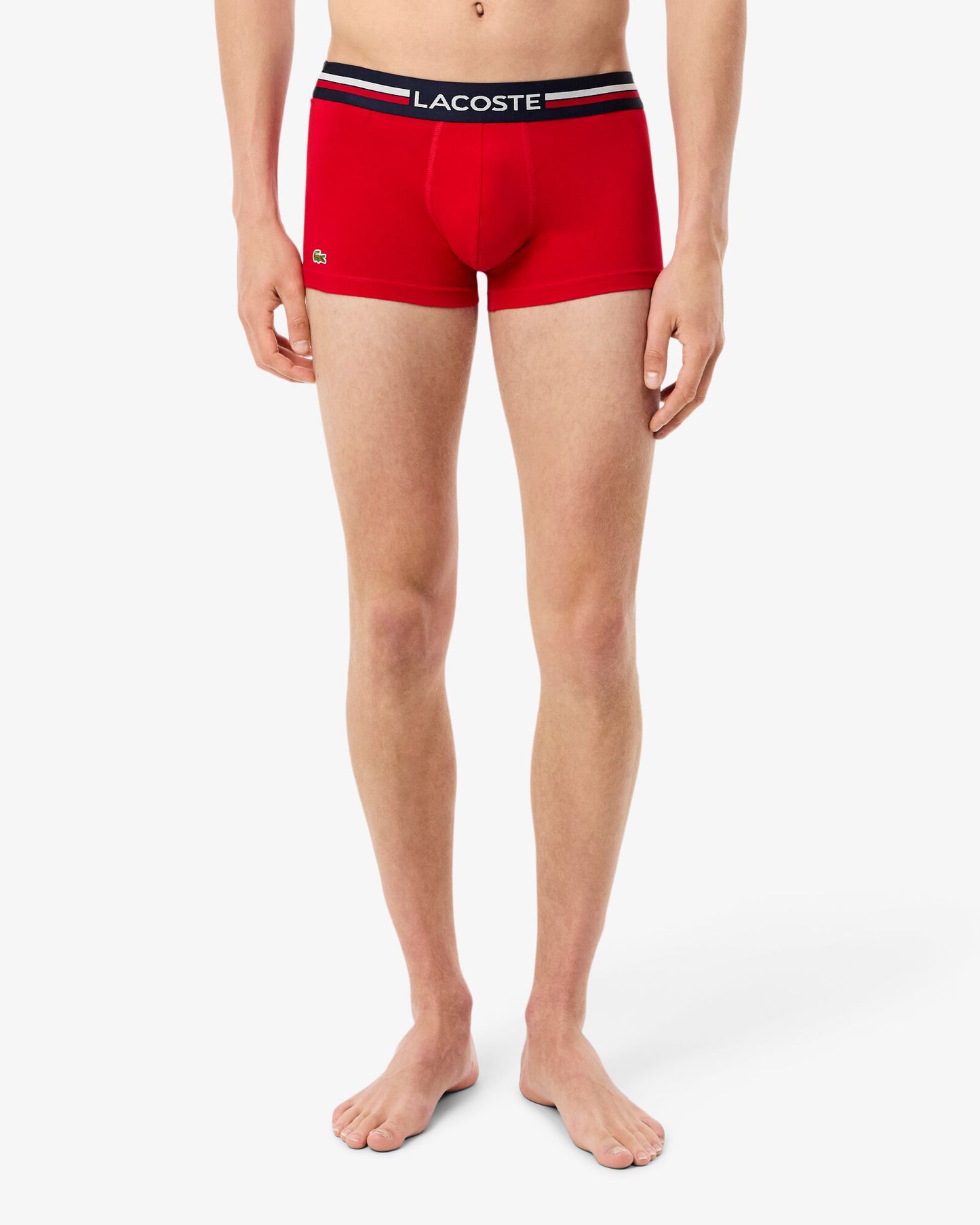 Lacoste 3-Pack Tricolour Waist Stretch Cotton Mens Trunks - Navy Blue/Silver Chine-Red W34