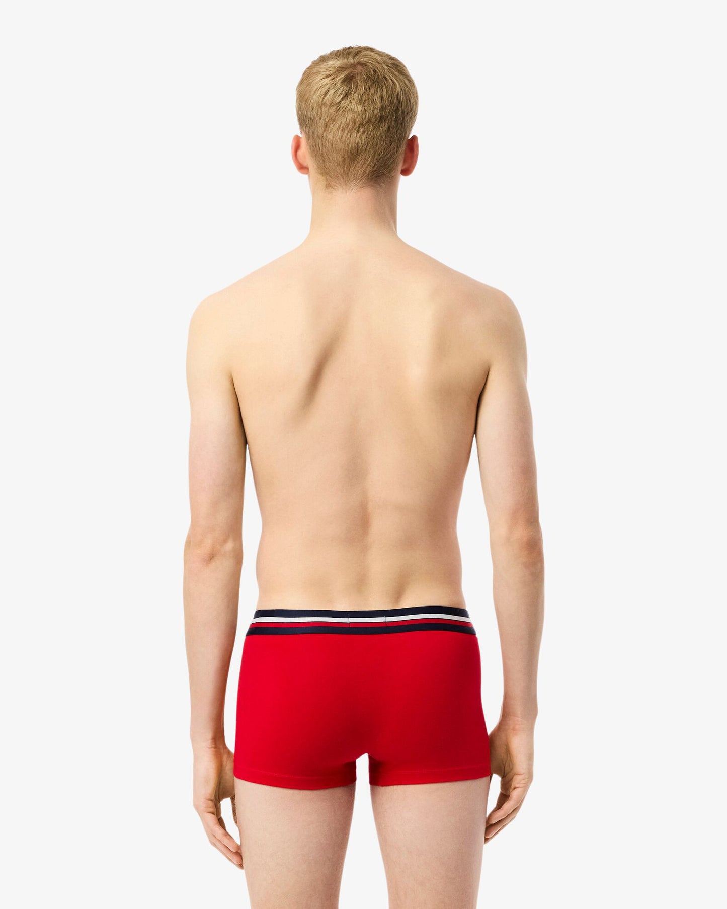 Lacoste 3-Pack Tricolour Waist Stretch Cotton Mens Trunks - Navy Blue/Silver Chine-Red W34