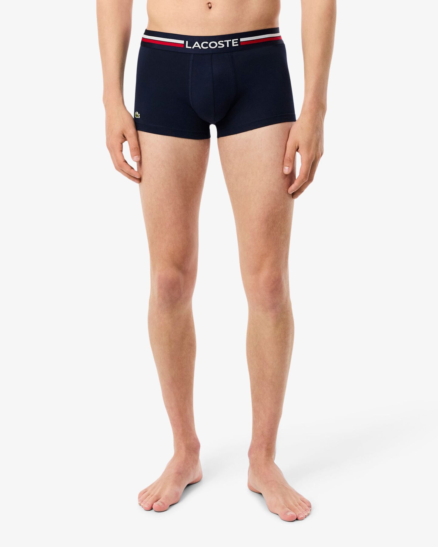 Lacoste 3-Pack Tricolour Waist Stretch Cotton Mens Trunks - Navy Blue/Silver Chine-Red W34