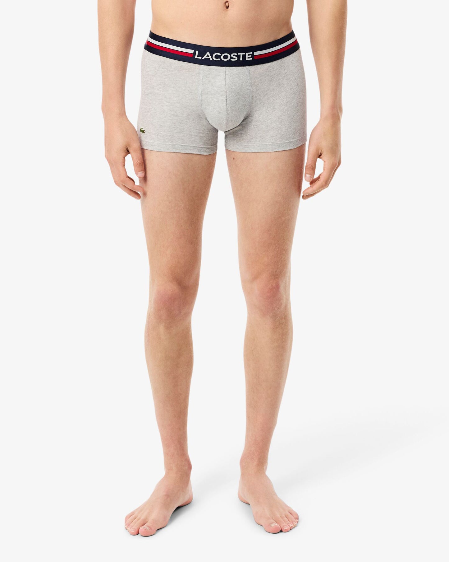 Lacoste 3-Pack Tricolour Waist Stretch Cotton Mens Trunks - Navy Blue/Silver Chine-Red W34