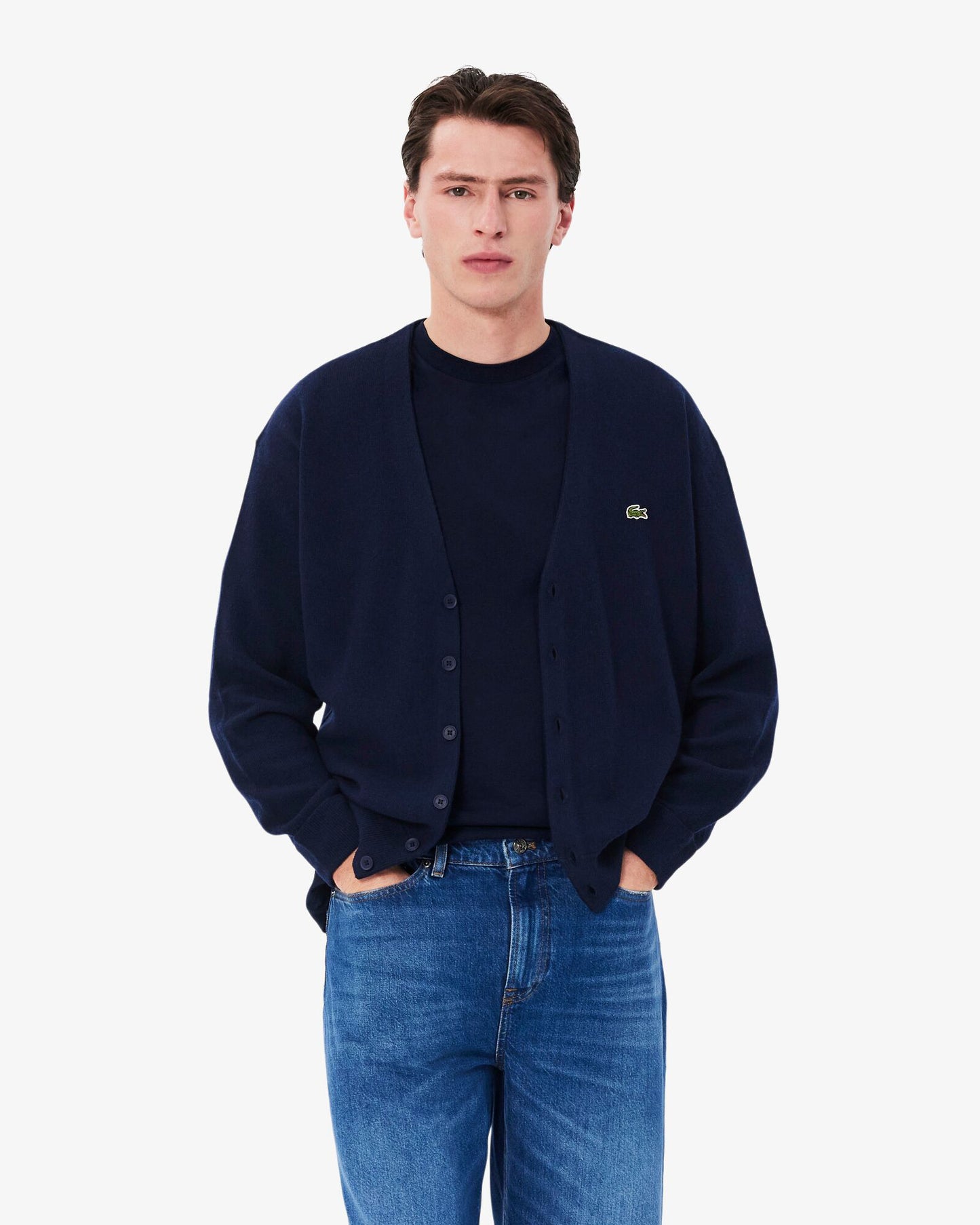 Lacoste Relaxed Fit Moss Stitch Mens Wool Cardigan - Navy Blue 166
