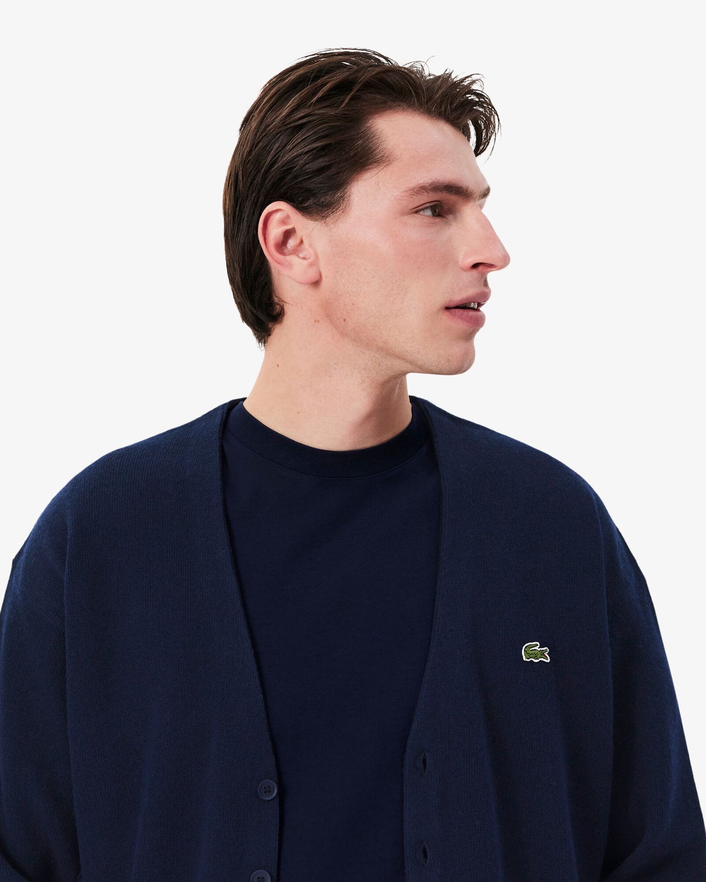 Lacoste Relaxed Fit Moss Stitch Mens Wool Cardigan - Navy Blue 166
