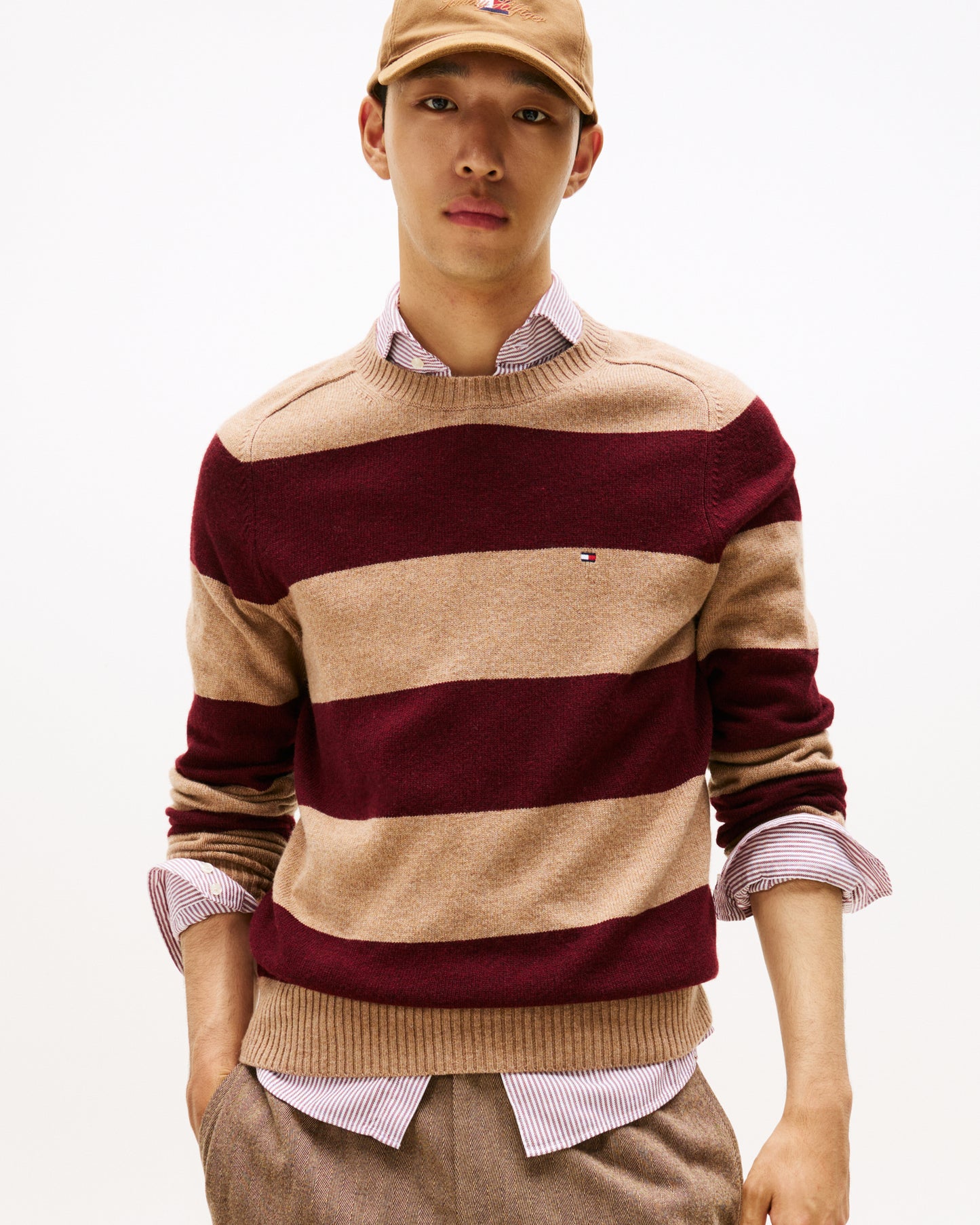Tommy Hilfiger Lambswool Mens Crew Neck Jumper - Safari Canvas Heather/Deep Burgundy Heather