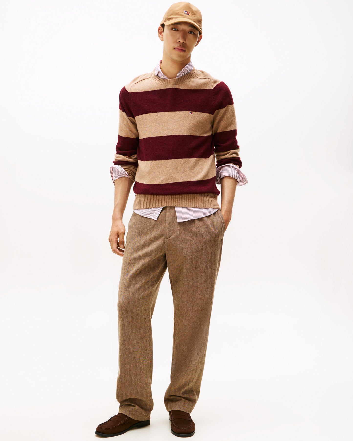 Tommy Hilfiger Lambswool Mens Crew Neck Jumper - Safari Canvas Heather/Deep Burgundy Heather