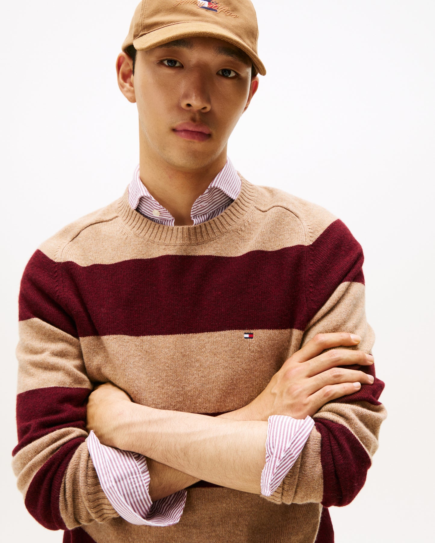 Tommy Hilfiger Lambswool Mens Crew Neck Jumper - Safari Canvas Heather/Deep Burgundy Heather