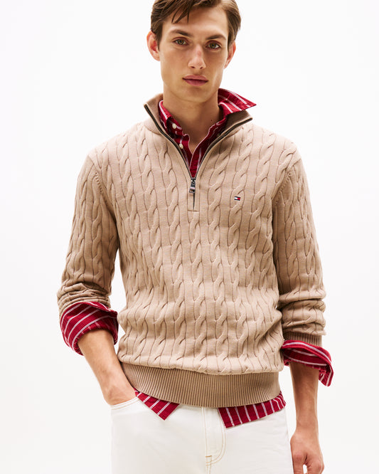 Tommy Hilfiger Classic Cotton Cable Mens Half Zip Mock Sweatshirt - Coastal Taupe