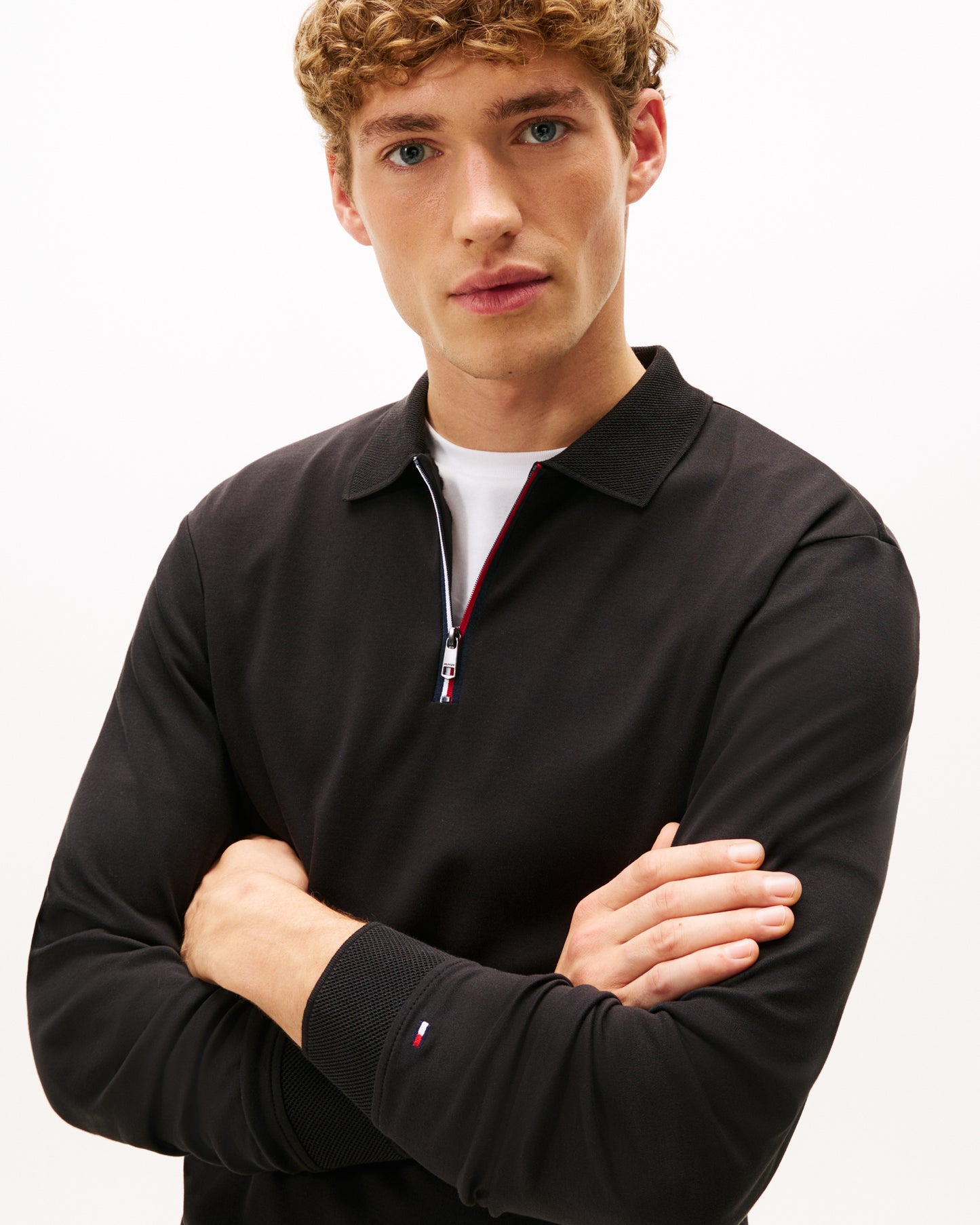 Tommy Hilfiger Interlock Mens Long Sleeve Zip Polo - Black