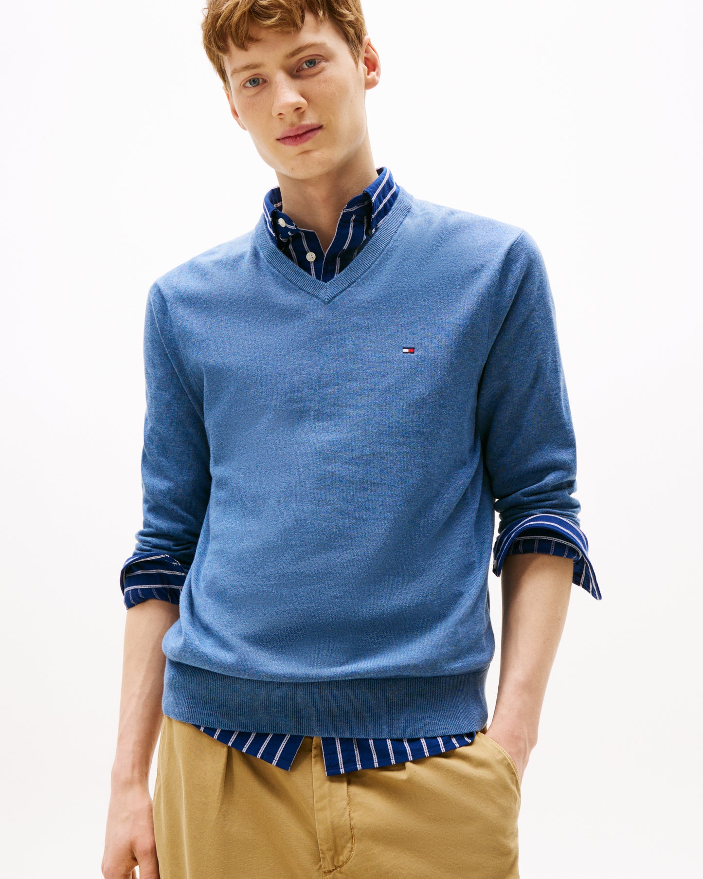 Tommy Hilfiger Essential Cotton Mens V-Neck Jumper - Petrol Blue Heather