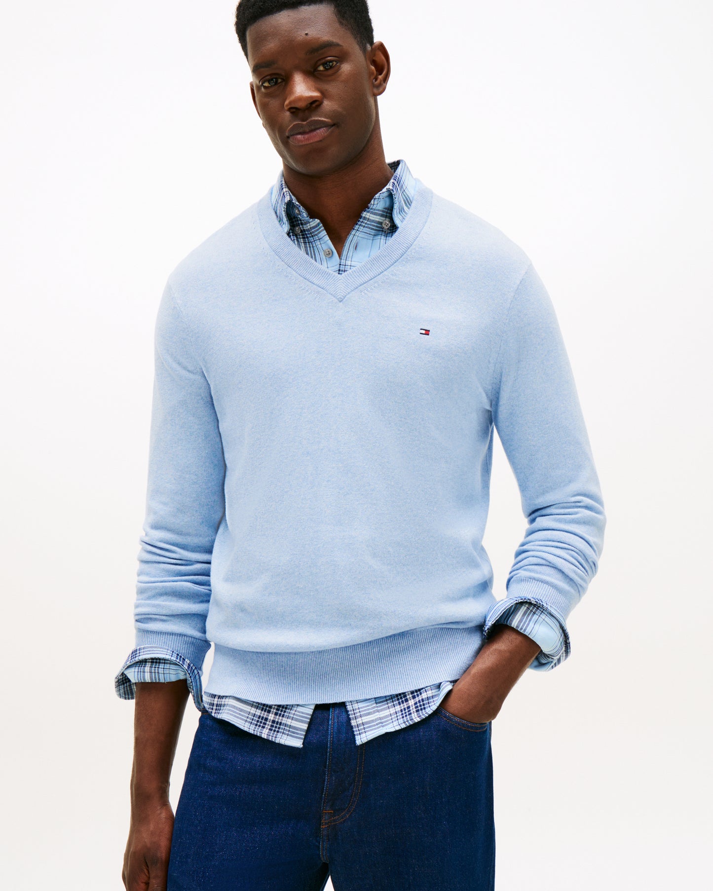 Tommy Hilfiger Pima Organic Cotton Mens Cashmere V-Neck Jumper - Vessel Blue Heather