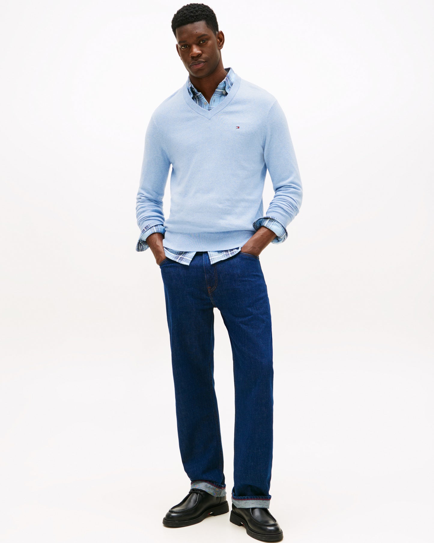 Tommy Hilfiger Pima Organic Cotton Mens Cashmere V-Neck Jumper - Vessel Blue Heather