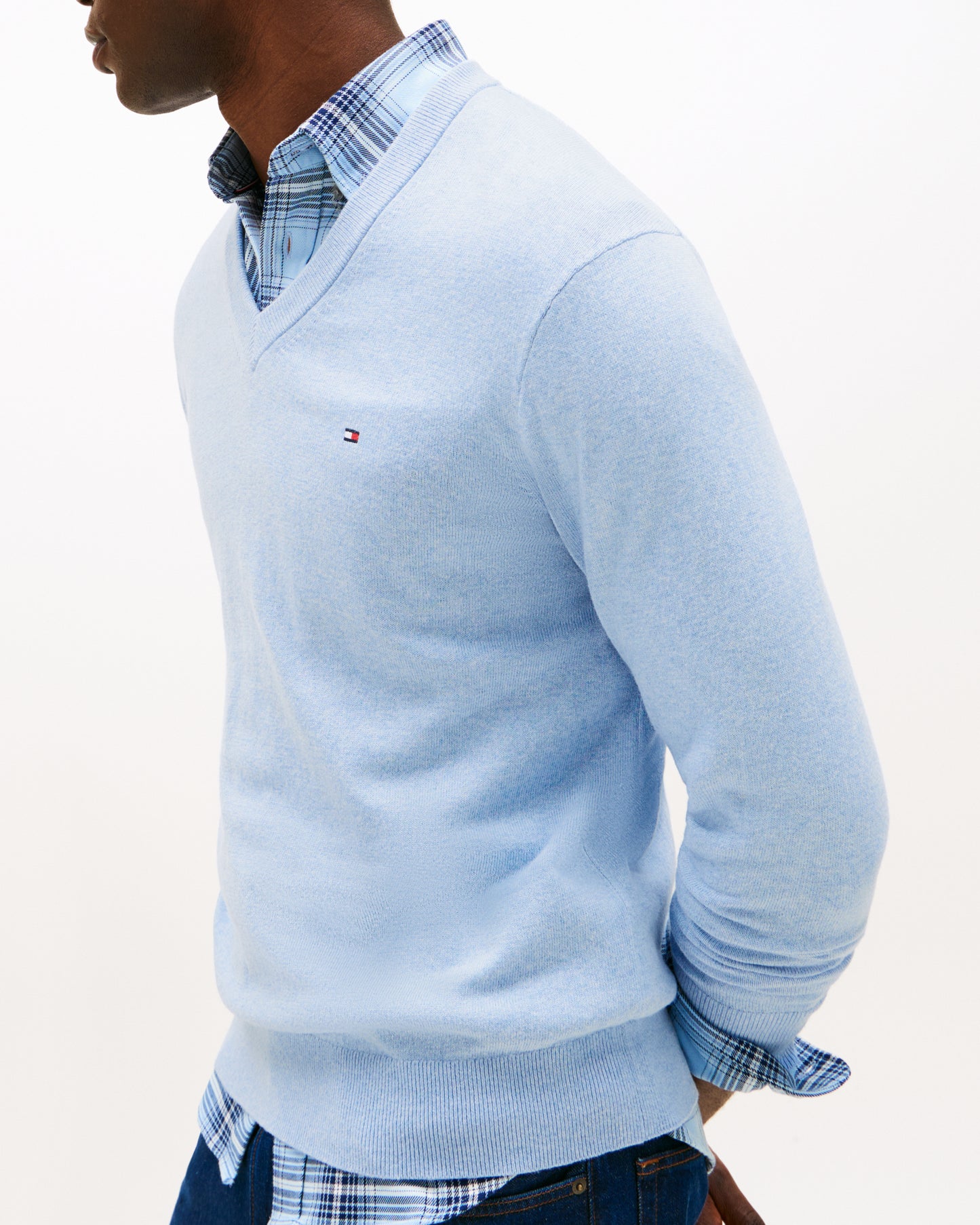 Tommy Hilfiger Pima Organic Cotton Mens Cashmere V-Neck Jumper - Vessel Blue Heather