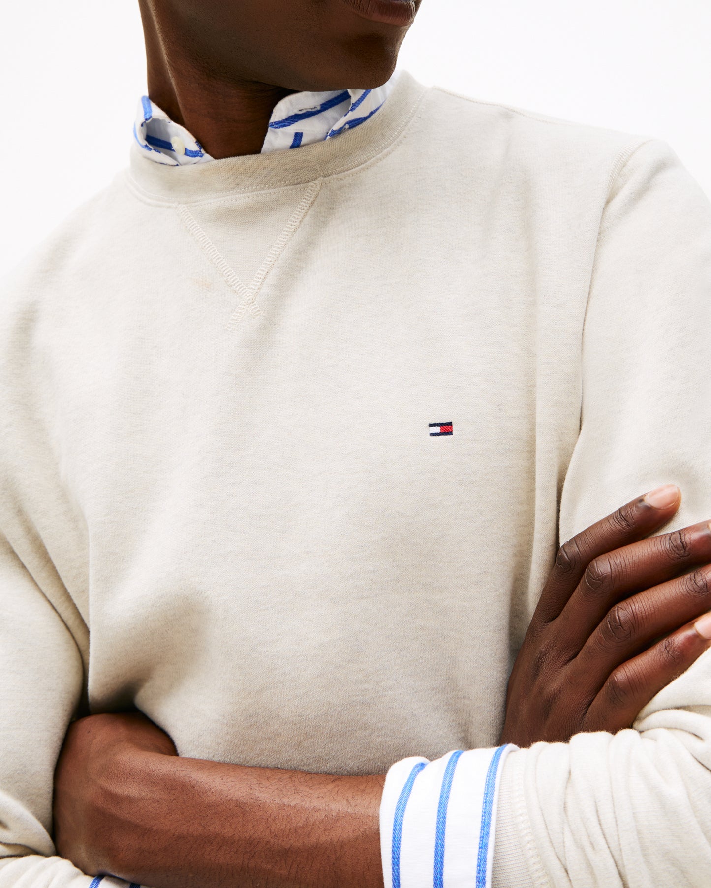 Tommy Hilfiger Essential Flag Embroidery Mens Fleece Crew Sweatshirt - Heathered Oatmilk
