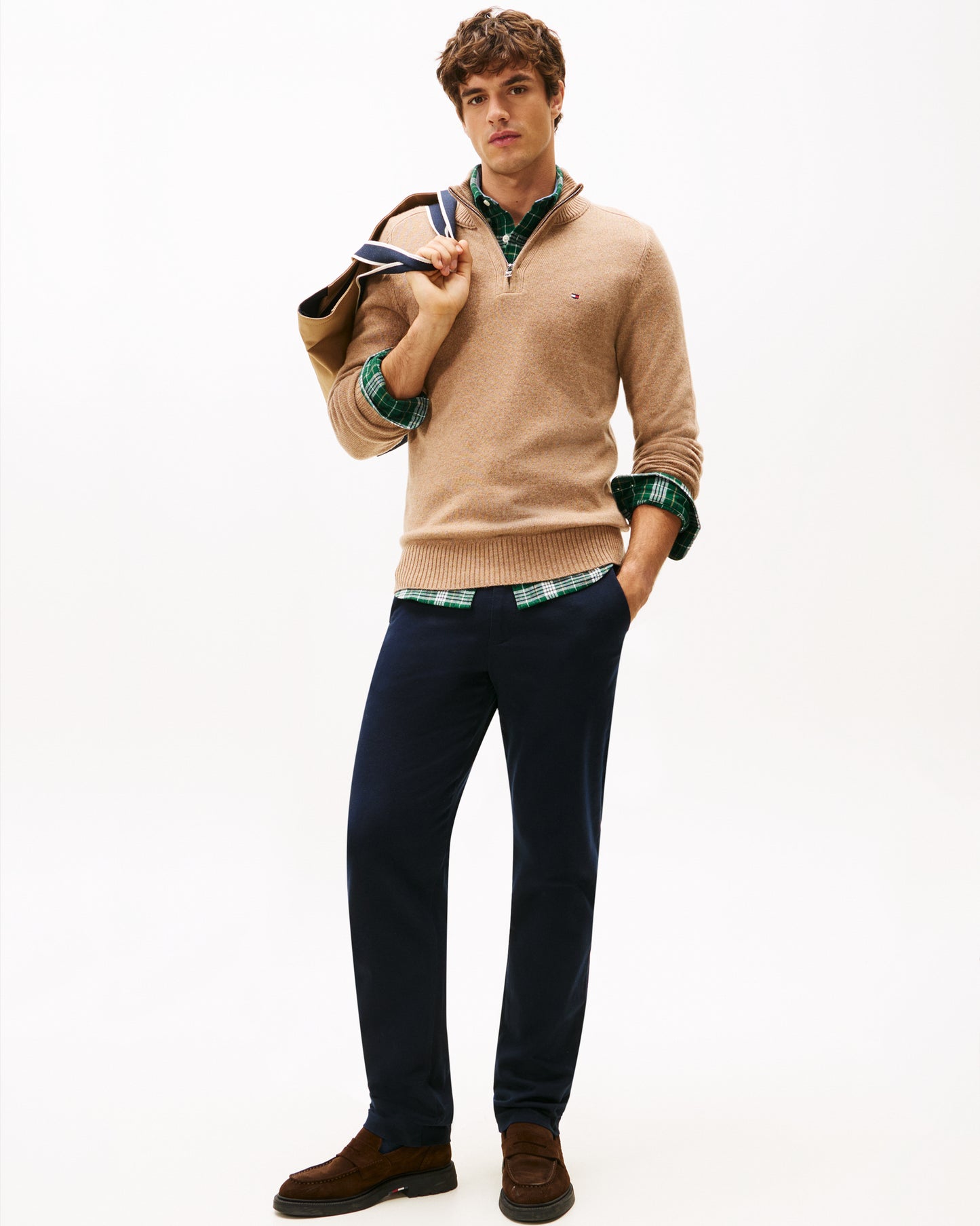 Tommy Hilfiger Lambswool Half-Zip Mock Neck Mens Jumper - Safari Canvas Heather