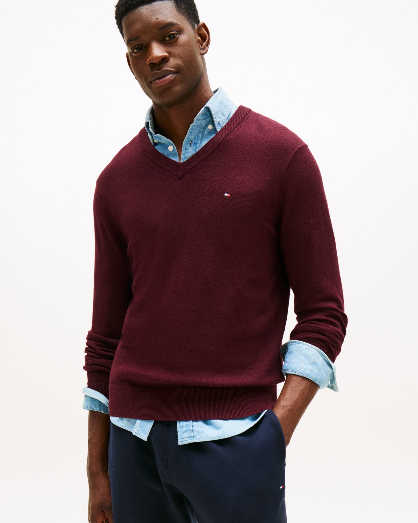 Tommy Hilfiger Pima Organic Cotton Mens Cashmere V-Neck Jumper - Deep Burgundy