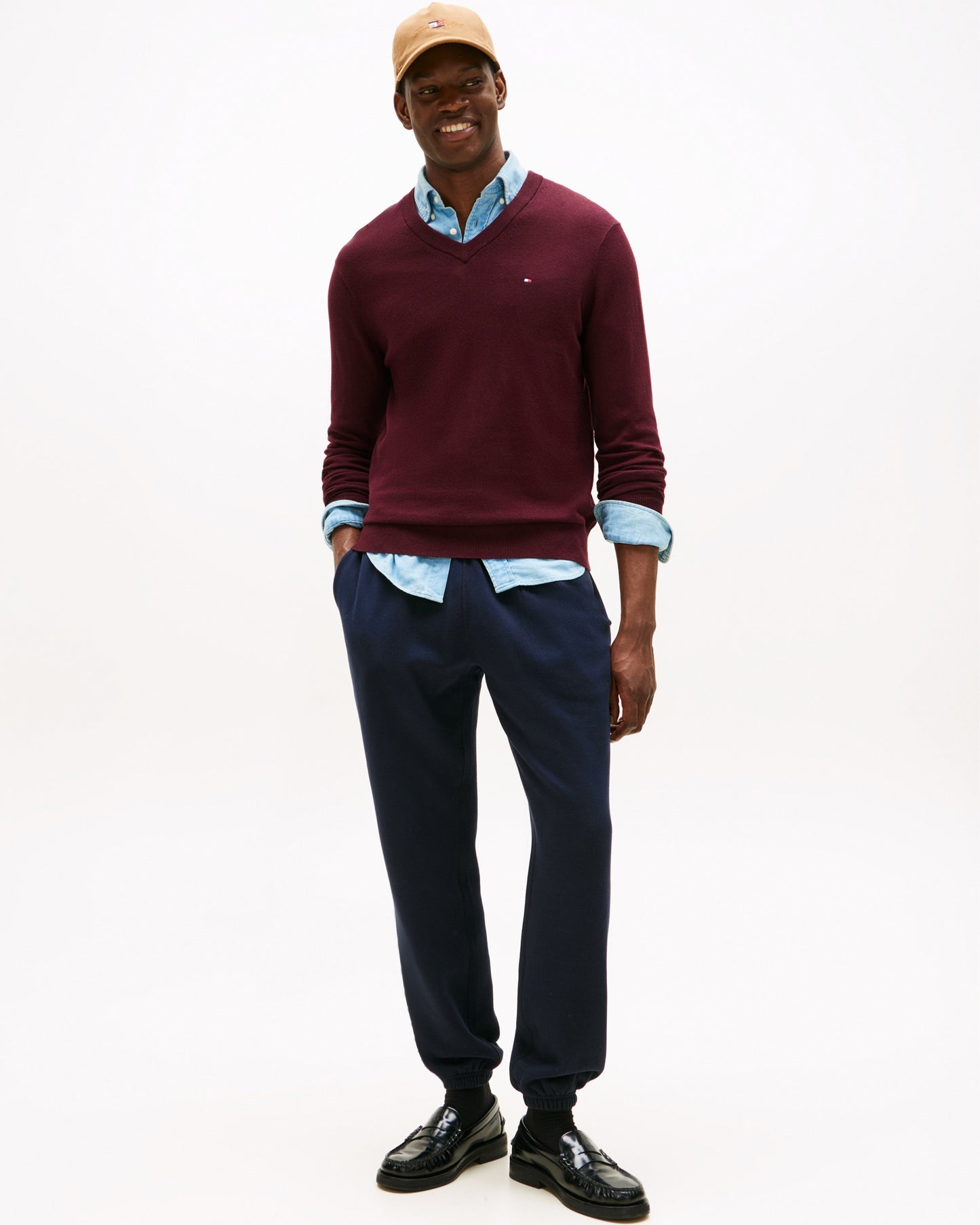 Tommy Hilfiger Pima Organic Cotton Mens Cashmere V-Neck Jumper - Deep Burgundy