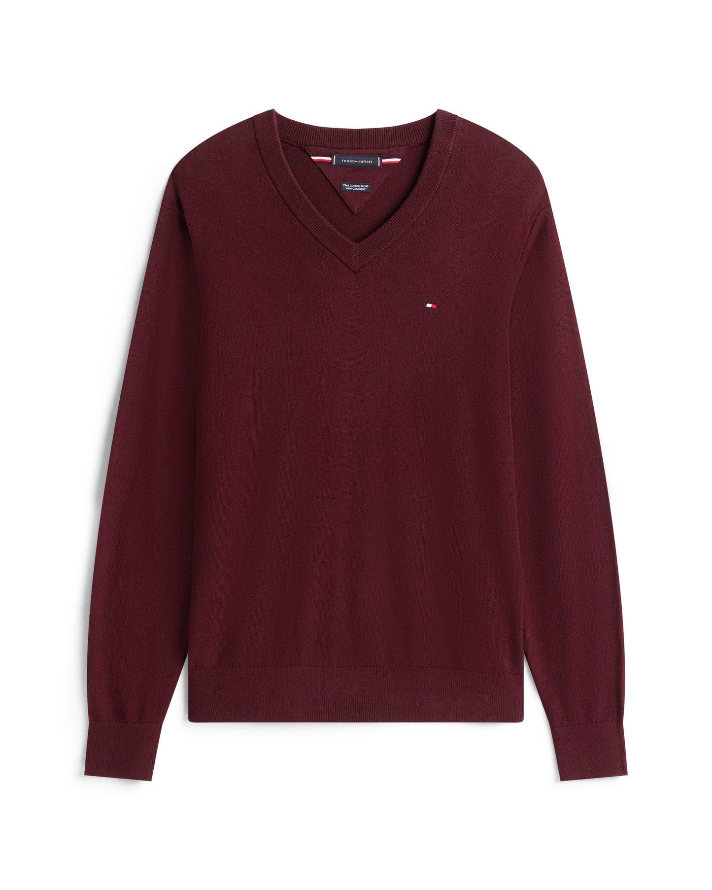 Tommy Hilfiger Pima Organic Cotton Mens Cashmere V-Neck Jumper - Deep Burgundy