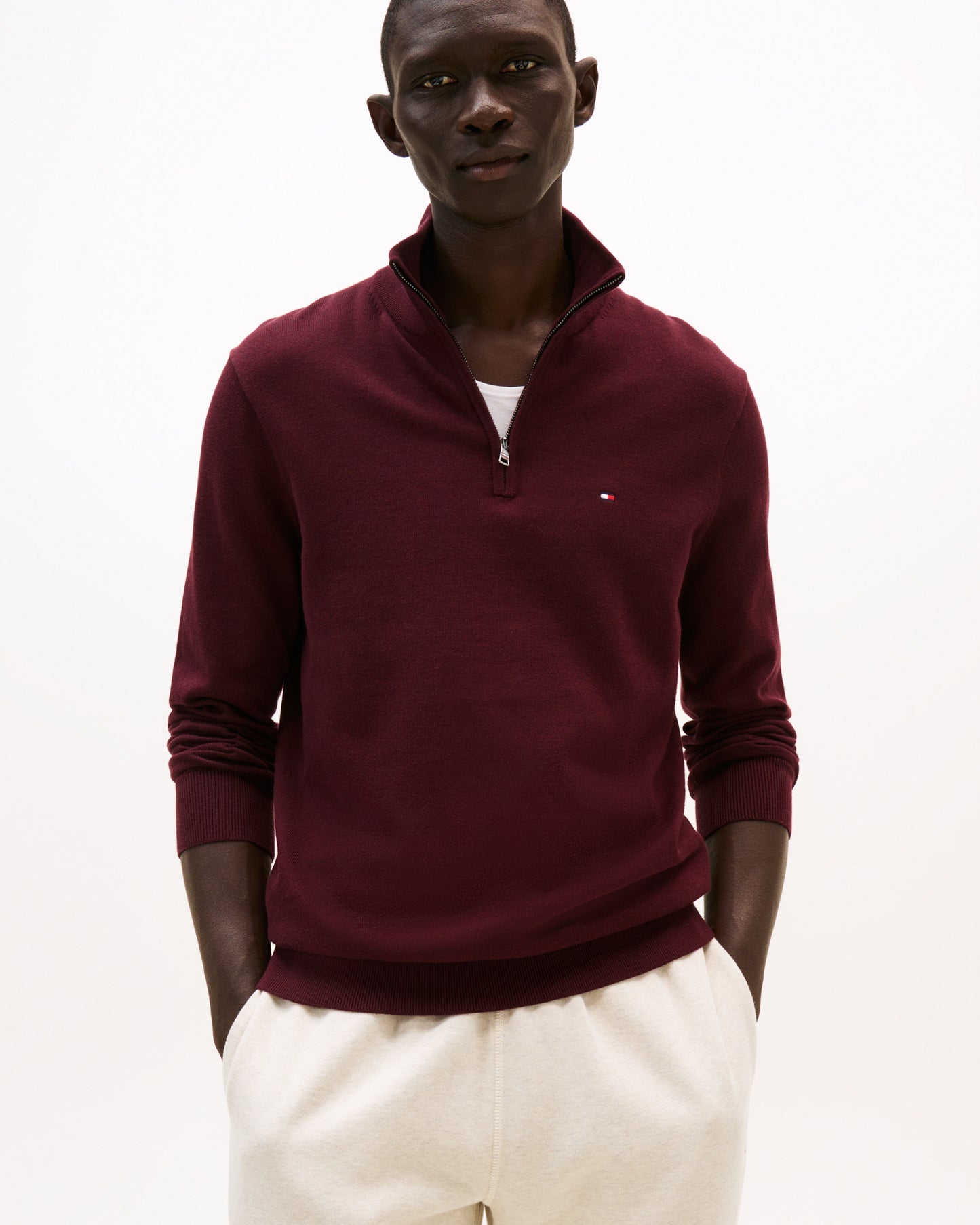 Tommy Hilfiger Essential Cotton 1/4 Zip Mock Mens Sweatshirt - Deep Burgundy