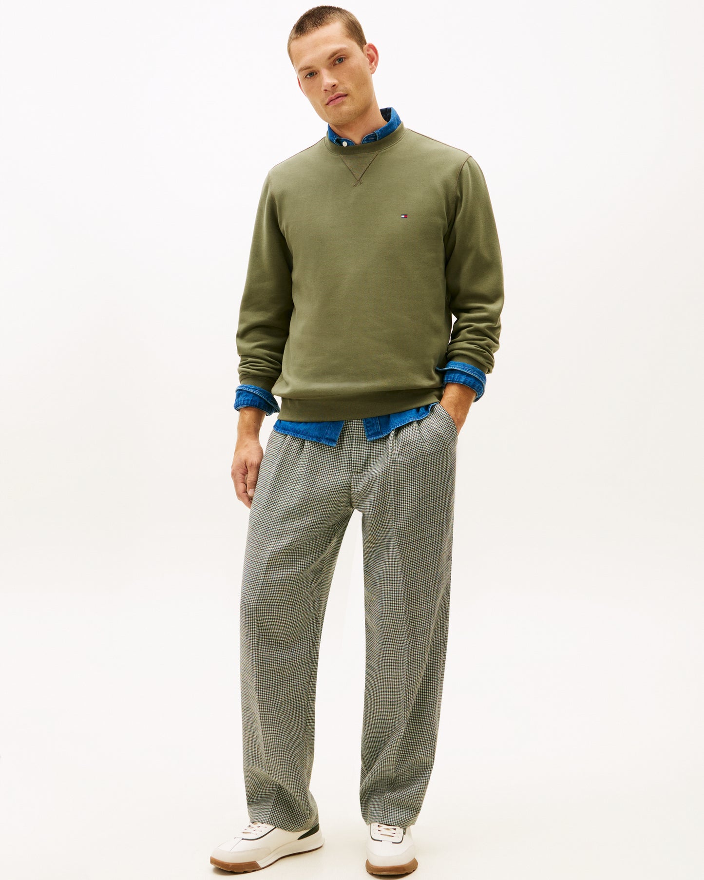 Tommy Hilfiger Essential Flag Embroidery Mens Fleece Crew Sweatshirt - Battle Green