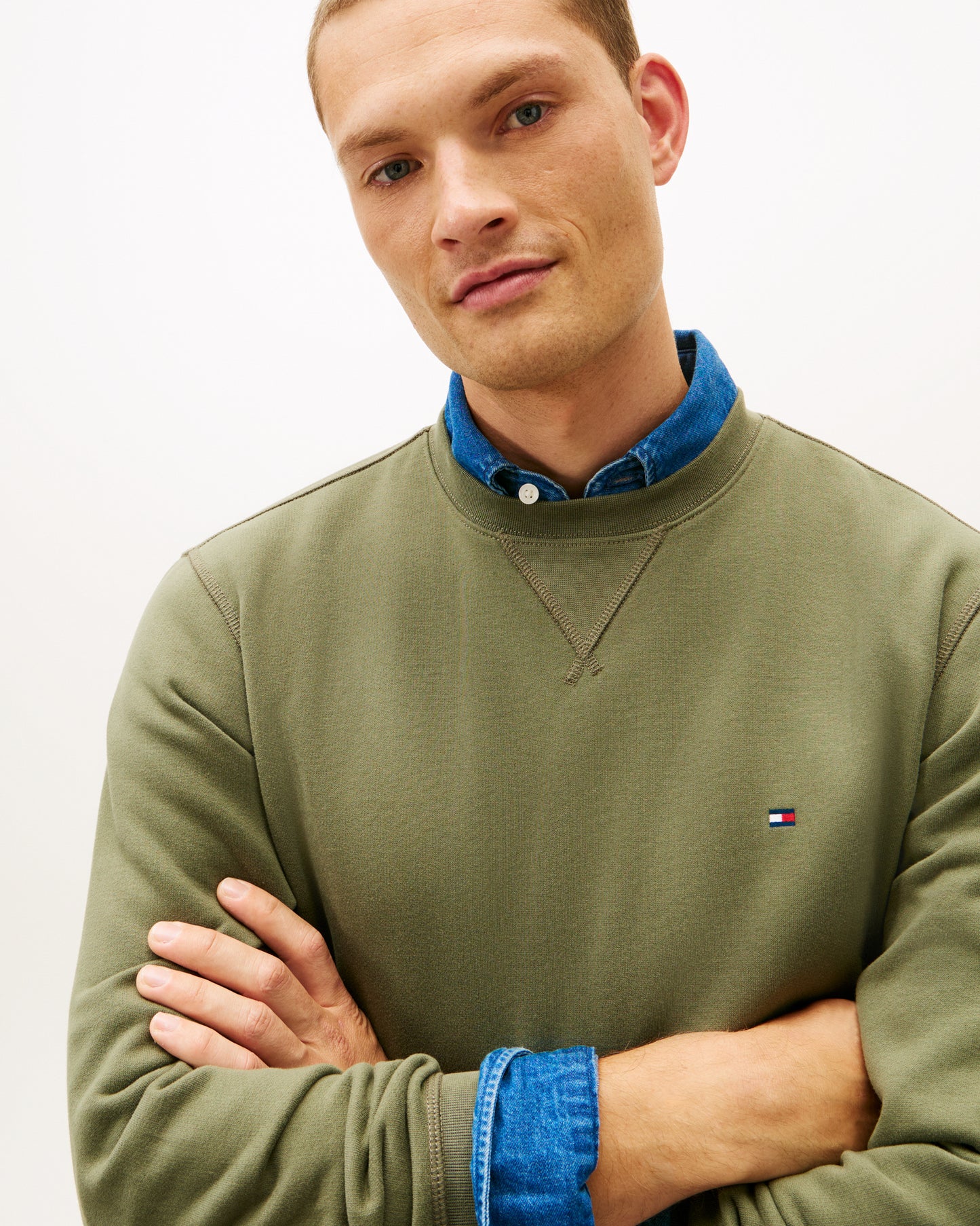 Tommy Hilfiger Essential Flag Embroidery Mens Fleece Crew Sweatshirt - Battle Green
