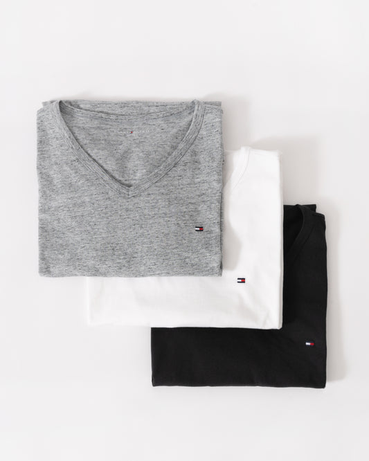 Tommy Hilfiger 3 Pack Mens V-Neck T-Shirts - Black/White/Mid Grey Heather