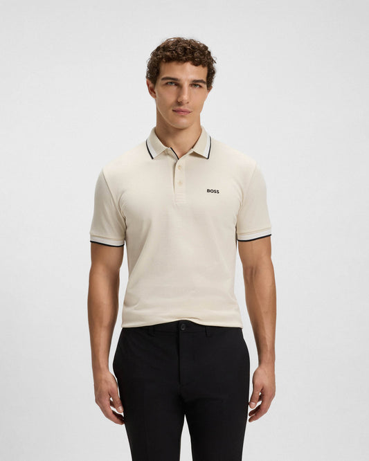 BOSS Green Paddy Mens Cotton-Piqué Polo Shirt with Contrast Logo - Open White 133