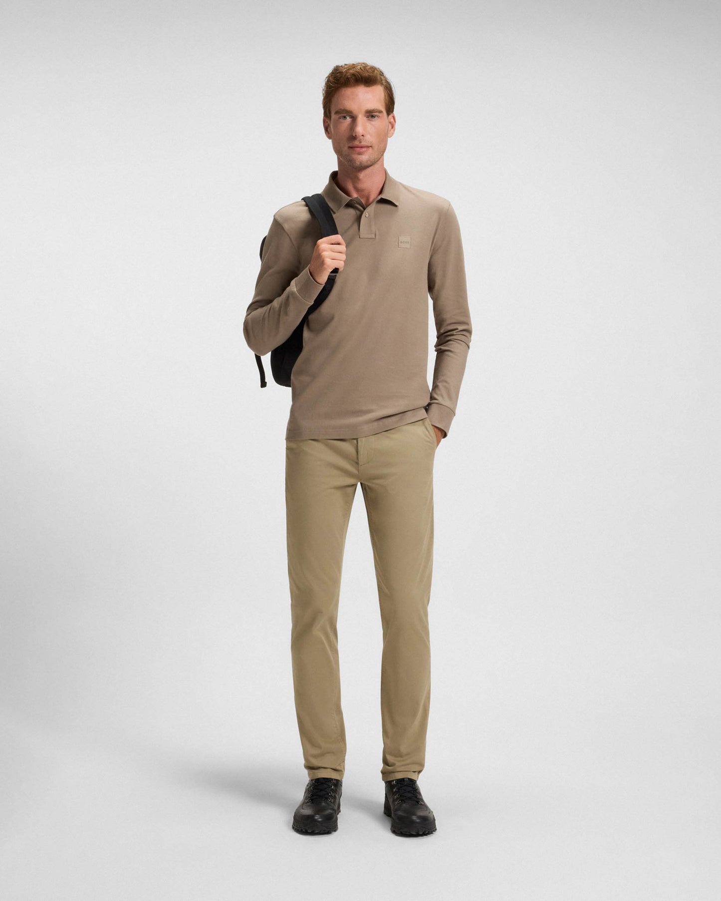 BOSS Orange Passerby Mens Long Sleeve Stretch-Cotton Polo Shirt with Logo Patch - Open Green 346