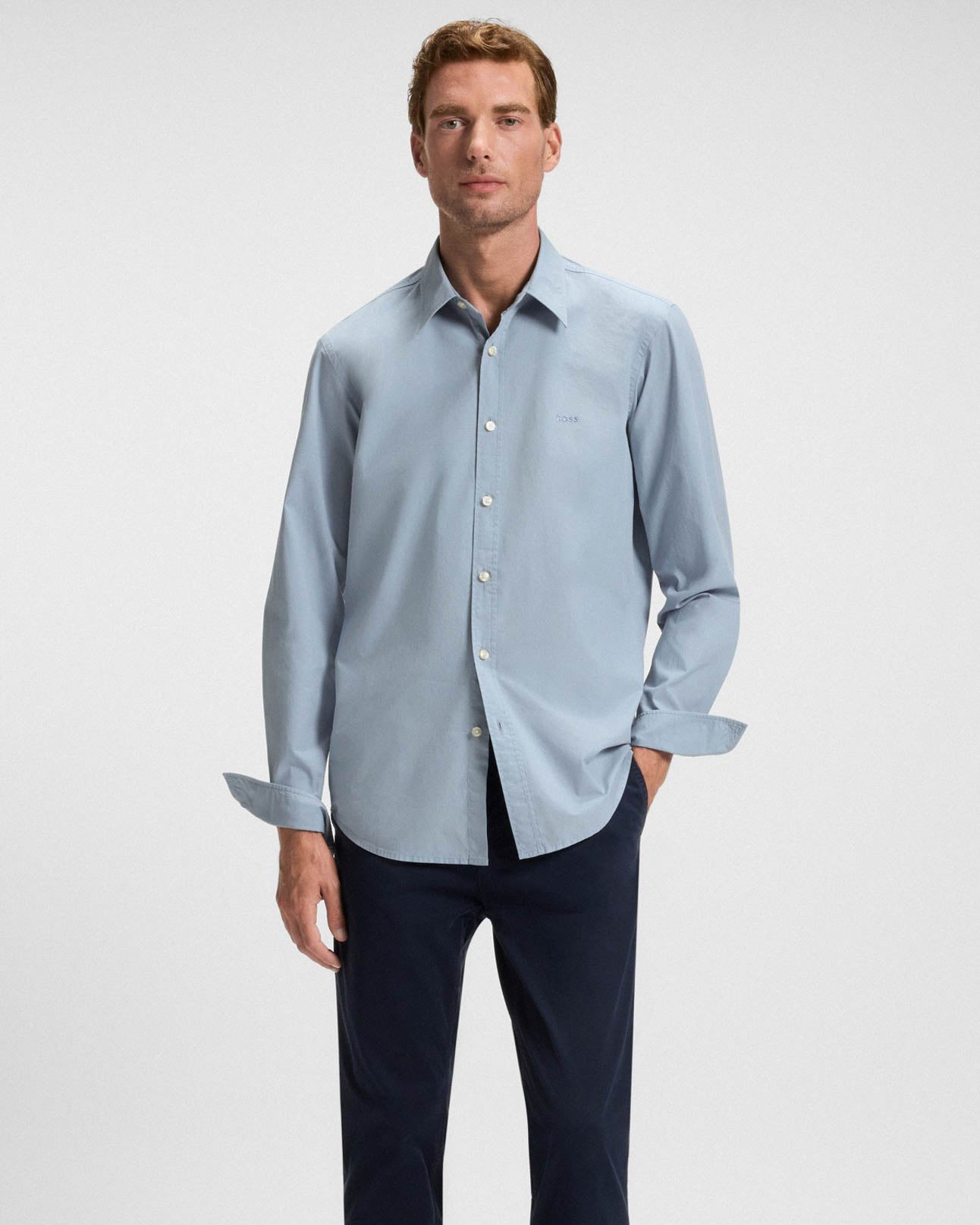 BOSS Orange Relegant 6 Mens Regular-Fit Shirt in Cotton Poplin with Kent Collar - Light/Pastel Blue 451